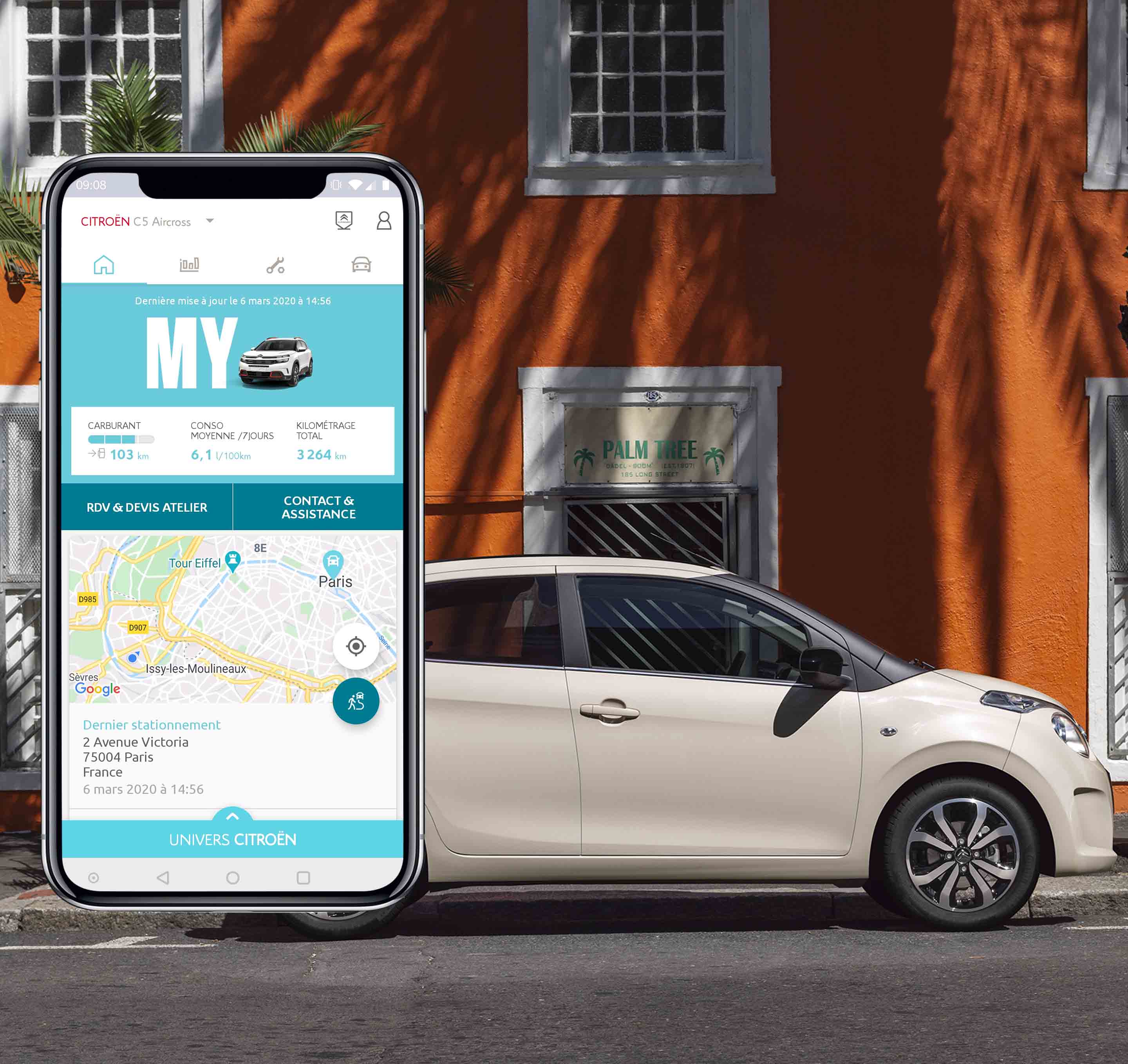 AUTOMAŠĪNAS ATRAŠANĀS VIETAS NOTEIKŠANA -- Pateicoties GPS izsekošanas funkcijai MyCitroën lietotnē, varat viegli noteikt savas automašīnas precīzu atrašanās vietu.